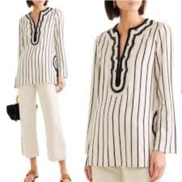 Tory Burch Filipa Slub Stripe Embroider Tunic Top white & Black Size 4 - Picture 1 of 8